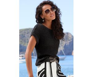 Kurzarmpullover S.OLIVER, Damen, Gr. 40/42, schwarz, Strick, Obermaterial: 100% Polyacryl, unifarben, figurumspielend hüftlang, Rundhals, Rippstrickbündchen, Pullover, mit weitem Rundhalsausschnitt un