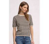 Kurzarmpullover STREET ONE, Damen, Gr. 36, beige (clay sand meliert), Web, 37% Baumwolle, 34% Polyacryl, 26% Polyester, 3% Elasthan, gestreift, normal normal, Rundhals, abgesteppt, Pullover, im Streif
