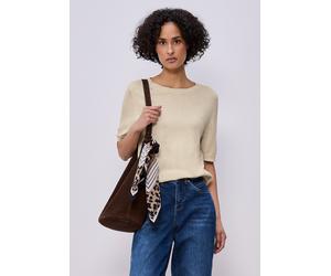 Kurzarmpullover STREET ONE, Damen, Gr. 38, beige (smoke beige meliert), Strick, Obermaterial: 60% Viskose, 40% Baumwolle, normal hüftbedeckend, Rundhals, Bündchen, Pullover, in Strick-Optik und mit Ru