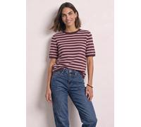Kurzarmpullover STREET ONE, Damen, Gr. 38, braun (rustic rouge meliert), Web, 37% Baumwolle, 34% Polyacryl, 26% Polyester, 3% Elasthan, gestreift, normal normal, Rundhals, abgesteppt, Pullover, im Str