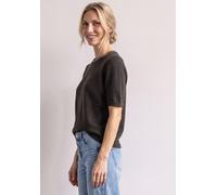 Kurzarmpullover STREET ONE, Damen, Gr. 40, schwarz (schwarz coffee meliert), Web, 37% Baumwolle, 34% Polyacryl, 26% Polyester, 3% Elasthan, unifarben, comfort fit normal, Rundhals, Rippbündchen, Pullo