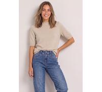 Kurzarmpullover STREET ONE, Damen, Gr. 42, beige (clay sand meliert), Stoff, 30% Polyester, 27% Polyacryl, 23% Polyamid, 20% Viskose, unifarben, normal normal, hoch geschlossener Ausschnitt, Rippbündc