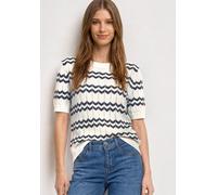 Kurzarmpullover STREET ONE, Damen, Gr. 44, sanftes weiß, Web, 100% Baumwolle, gemustert, comfort fit normal, Rundhals, Bündchen, Pullover, mit Zick Zack Muster (95306225-44) sanftes weiß