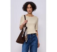 Kurzarmpullover STREET ONE, Damen, Gr. 46, beige (smoke beige meliert), Strick, Obermaterial: 60% Viskose, 40% Baumwolle, normal hüftbedeckend, Rundhals, Bündchen, Pullover, in Strick-Optik und mit Ru