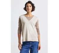 Kurzarmpullover STREET ONE, Damen, Gr. 46, tusk cream meliert, Stoff, 50% Viskose, 28% Polyester, 22% Polyamid, unifarben, normal normal, V-Ausschnitt, Rippbündchen, Pullover, aus softem Materialmix (