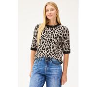 Kurzarmpullover STREET ONE STUDIO, Damen, Gr. 38, beige (schwarz), Web, 50% Nylon, 27% Polyacryl, 18% Baumwolle, 5% Elasthan, comfort fit normal, Rundhals, Rippbündchen, Pullover, mit allover Leoprint