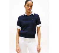 Kurzarmpullover TOMMY HILFIGER "CO CABLE MID GG S/S C-NK SWT", Damen, Gr. S (36), blau (schwarz night navy), Strick, Obermaterial: 100% Baumwolle, unifarben, regular fit normal, Rundhals, Pullover, mi