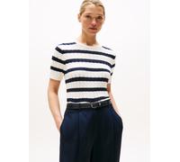 Kurzarmpullover TOMMY HILFIGER "CO CABLE MID GG S/S C-NK SWT", Damen, Gr. XL (42), beige (ivory silk, schwarz night navy stp), Strick, Obermaterial: 100% Baumwolle, gestreift, regular fit normal, Rund