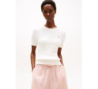 Kurzarmpullover TOMMY HILFIGER "CO CABLE MID GG S/S C-NK SWT", Damen, Gr. XS (34), ivory silk, Strick, Obermaterial: 100% Baumwolle, unifarben, regular fit normal, Rundhals, Pullover Kurzarmpullover,