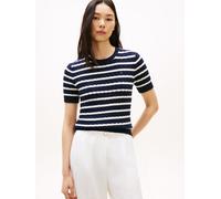Kurzarmpullover TOMMY HILFIGER "CO CABLE MID GG SS C-NK SWT", Damen, Gr. XL (46), blau (schwarz night navy, ivory petal stp), Strick, Obermaterial: 100% Baumwolle, gestreift, normal, Rundhals, Pullove