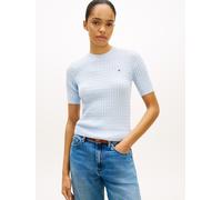 Kurzarmpullover TOMMY HILFIGER "CO CABLE RWB C-NK SS SWT", Damen, Gr. L (42/44), breezy blau, Strick, Obermaterial: 100% Baumwolle, unifarben, normal hüftlang, Rundhals, eingesetzt Rippstrickbündchen,
