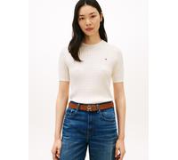 Kurzarmpullover TOMMY HILFIGER "CO CABLE RWB C-NK SS SWT", Damen, Gr. XL (46), heather ivory petal, Strick, Obermaterial: 100% Baumwolle, meliert, normal hüftlang, Rundhals, eingesetzt Rippstrickbündc