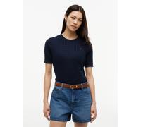 Kurzarmpullover TOMMY HILFIGER "CO CABLE RWB C-NK SS SWT", Damen, Gr. XL (46), schwarz night navy, Strick, Obermaterial: 100% Baumwolle, unifarben, normal hüftlang, Rundhals, eingesetzt Rippstrickbünd
