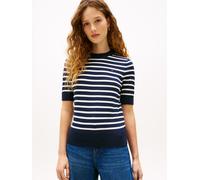Kurzarmpullover TOMMY HILFIGER "CO JERSEY FINE GG C-NK SS SWT", Damen, Gr. L (42/44), blau (schwarz night navy, ivory petal stp), Feinstrick, Obermaterial: 67% Baumwolle, 33% Polyamid, gestreift, regu