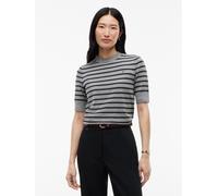 Kurzarmpullover TOMMY HILFIGER "CO JERSEY FINE GG C-NK SS SWT", Damen, Gr. L (42/44), grau (medium grau heather stripe), Feinstrick, Obermaterial: 67% Baumwolle, 33% Nylon, gestreift, meliert, regular