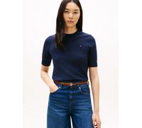 Kurzarmpullover TOMMY HILFIGER "CO JERSEY FINE GG C-NK SS SWT", Damen, Gr. L (42/44), schwarz night navy, Feinstrick, Obermaterial: 67% Baumwolle, 33% Polyamid, unifarben, regular fit normal, Rundhals