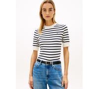 Kurzarmpullover TOMMY HILFIGER "CO JERSEY FINE GG C-NK SS SWT", Damen, Gr. XL (46), ivory petal, schwarz n navy stp, Feinstrick, Obermaterial: 67% Baumwolle, 33% Polyamid, gestreift, regular fit norma