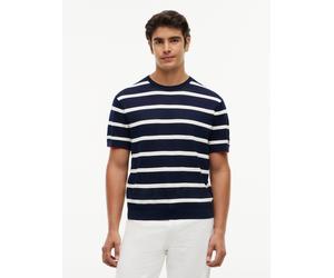 Kurzarmpullover TOMMY HILFIGER "DC KNITTED TEXTURE BRETON STRIPE", Herren, Gr. M, carbon navy, weiß, Strick, Obermaterial: 100% Baumwolle, normal normal, Rundhals, Pullover (43590138-M) carbon navy, w