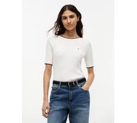 Kurzarmpullover TOMMY HILFIGER "FINE GG CABLE BOAT NK S/S", Damen, Gr. S (36/38), ivory petal, Strick, Obermaterial: 100% Baumwolle, unifarben mit Farbeinsatz, regular fit normal, U-Boot-Ausschnitt, e