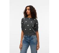 Kurzarmpullover VERO MODA "VMDOFFY INTARSIA 2/4 O-NK PULLOV GA NOOS", Damen, Gr. S, weiß (dunkelgrau melange detail:with weiß hearts), Strick, Obermaterial: 94% Polyester, 3% Elasthan, 3% Nylon, gemus