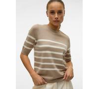 Kurzarmpullover VERO MODA "VMSABA PLAIN, Feinstrickpullover", Damen, Gr. S, silber mink stripes:w birch, Feinstrick, Obermaterial: 50% Viskose, 28% Polyester, 22% Nylon, gestreift, regular fit normal,