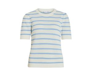 Kurzarmpullover VILA "VIDALO O-NECK S/S STRIPE KNIT-NOOS", Damen, Gr. S, weiß alyssum stripes:nantucket breeze, Strick, Obermaterial: 100% Baumwolle, gestreift, regular fit normal, Rundhals, Rippbündc