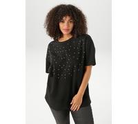 Kurzarmshirt ANISTON PLUS, Damen, Gr. 48, schwarz, angeraute Sweatware, Obermaterial: 80% Baumwolle, 20% Polyester, unifarben, oversize Po-bedeckend, Rundhals, Shirts, mit Nieten Applikation verziert,