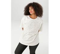 Kurzarmshirt ANISTON PLUS, Damen, Gr. 54, weiß, angeraute Sweatware, Obermaterial: 80% Baumwolle, 20% Polyester, unifarben, oversize Po-bedeckend, Rundhals, Shirts, mit Nieten Applikation verziert (38