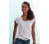 Kurzarmshirt BEACHTIME "mit leicht transparenten Streifen", Damen, Gr. 36/38, orange (koralle, creme), Obermaterial: 50% Baumwolle, 50% Viskose, gestreift, Basic, bequem normal, tiefer Rundhals, Shirt