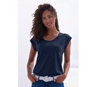 Kurzarmshirt BEACHTIME "mit leicht transparenten Streifen", Damen, Gr. 40/42, blau (navy), Obermaterial: 50% Baumwolle, 50% Viskose, gestreift, Basic, bequem normal, tiefer Rundhals, Shirts, aus weich
