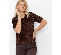 Kurzarmshirt BRAX "Style CARA S", Damen, Gr. 34, braun (dunkelbraun), 95% Polyester, 5% Elasthan, Rundhals, Shirts, Glamour: T-Shirt mit Pailletten (13094352-34) dunkelbraun