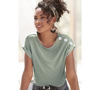 Kurzarmshirt BUFFALO Gr. 32/34, grün (khaki), Damen, Jersey, Obermaterial: 100% Viskose, unifarben, Shirts, mit Zierknöpfen, bequemes T-Shirt aus Jersey, Basic (14555350-32) khaki