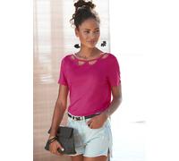 Kurzarmshirt BUFFALO, Damen, Gr. 32/34, pink, Jersey, Obermaterial: 100% Viskose, unifarben, figurumspielend hüftlang, Rundhals, Shirts, mit Cut-outs vorne, T-Shirt, lockere Passform, Topseller (17366