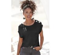 Kurzarmshirt BUFFALO, Damen, Gr. 32/34, schwarz, Jersey, Obermaterial: 100% Viskose, unifarben, figurumspielend hüftlang, Rundhals, Aufschlag, Shirts, mit Zierknöpfen, bequemes T-Shirt aus Jersey, Bas