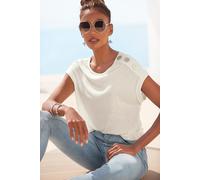 Kurzarmshirt BUFFALO, Damen, Gr. 48/50, beige (creme), Jersey, Obermaterial: 100% Viskose, unifarben, figurumspielend hüftlang, Rundhals, Aufschlag, Shirts, mit Zierknöpfen, bequemes T-Shirt aus Jerse