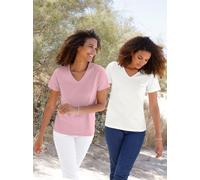 Kurzarmshirt CASUAL LOOKS "2er-Pack Shirts", Damen, Gr. 44, rosé, ecru, 100% Baumwolle, unifarben, V-Ausschnitt, Shirts (27999626-44) rosé, ecru