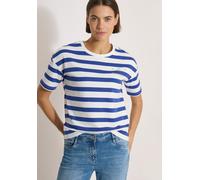 Kurzarmshirt CECIL, Damen, Gr. S (38), blau (deep river blau), Jersey, Obermaterial: 60% Baumwolle, 40% Polyester, bedruckt, gestreift, normal hüftbedeckend, Rundhals, abgesteppte Kante, Shirts, Somme