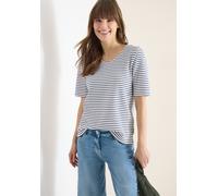 Kurzarmshirt CECIL, Damen, Gr. XL (44), sporty denim blau, Jersey, Obermaterial: 63% Baumwolle, 23% Polyester, 12% Viskose, 2% Elasthan, gestreift, bequem hüftbedeckend, V-Ausschnitt, abgesteppte Kant