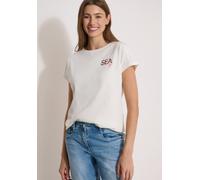 Kurzarmshirt CECIL, Damen, Gr. XL (44), vanilleweiß, Jersey, Obermaterial: 100% Baumwolle, bedruckt, normal hüftbedeckend, Rundhals, abgesteppte Kante, Shirts, Sommershirt mit Rundhals und Embroidery