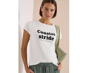 Kurzarmshirt CECIL, Damen, Gr. XXL (46), vanilleweiß, Jersey, Obermaterial: 50% Baumwolle, 50% Modal, bedruckt, normal hüftbedeckend, U-Boot-Ausschnitt, abgesteppte Kante, Shirts, Sommershirt mit Boat