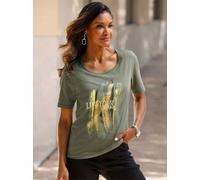 Kurzarmshirt CLASSIC BASICS "Rundhals-Shirt", Damen, Gr. 42, bunt (khaki, limone), 100% Baumwolle, gemustert, mehrfarbig, Shirts (29168968-42) khaki, limone