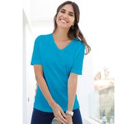 Kurzarmshirt CLASSIC BASICS "Shirt", Damen, Gr. 42, blau (türkis), 100% Baumwolle, unifarben, V-Ausschnitt, Shirts (674217-42) türkis