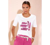 Kurzarmshirt CREATION L "Shirt", Damen, Gr. 42, pink (ecru, fuchsia, bedruckt), 95% Baumwolle, 5% Elasthan, gemustert, unifarben, Rundhals, Shirts (46493237-42) ecru, fuchsia, bedruckt