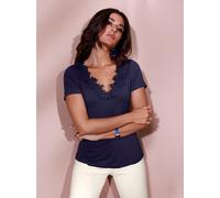 Kurzarmshirt CREATION L "Shirt", Damen, Gr. 52, blau (nachtblau), 95% Viskose, 5% Elasthan, Spitze:100% Polyester, unifarben, V-Ausschnitt, Shirts (20842139-52) nachtblau
