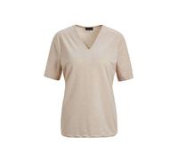 Kurzarmshirt GOLDNER "Braunes Halbarm-Shirt mit Glanzeffekt", Damen, Gr. 46, beige, Obermaterial: 75% Viskose CV. 20% metallisierte Fasern MTF. 5% Elasthan EL., normal, V-Ausschnitt, Gerade, Shirts, G