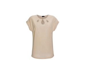 Kurzarmshirt GOLDNER "Elegantes Shirt mit feinen Glanzgarnen", Damen, Gr. 42, beige (sand), Obermaterial: 45% Polyester PES. 25% Viskose CV. 25% metallisierte Fasern MTF. 5% Elasthan EL., figurumspiel