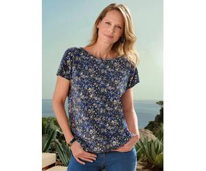 Kurzarmshirt GOLDNER "Halbarm Printshirt, U-Boot-Ausschnitt", Damen, Gr. 46, blau (blau, stein, gemustert), Obermaterial: 95% Baumwolle CO. 5% Elasthan EL., Modisch, U-Boot-Ausschnitt, Shirts, übersch