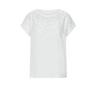 Kurzarmshirt GOLDNER "Jerseyshirt mit Glitzersteinen", Damen, Gr. 42, weiß (cremeweiß), Obermaterial: 100% Viskose CV., gerade, U-Boot-Ausschnitt, Shirts, Hot Fix Steinchen auf dem Vorderteil (6801223