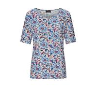 Kurzarmshirt GOLDNER "Kurzgröße Cityshirt mit floralem Design", Damen, Gr. 25, blau (blau, gemustert), Obermaterial: 95% Viskose CV. 5% Elasthan EL., figurumspielend, U-Boot-Ausschnitt, Shirts, stretc