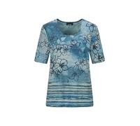 Kurzarmshirt GOLDNER "Kurzgröße Druckshirt mit floralem Muster", Damen, Gr. 20, blau (blau, gemustert), Obermaterial: 50% Viskose CV. 45% Polyester PES. 5% Elasthan EL., figurumspielend, Shirts, stret